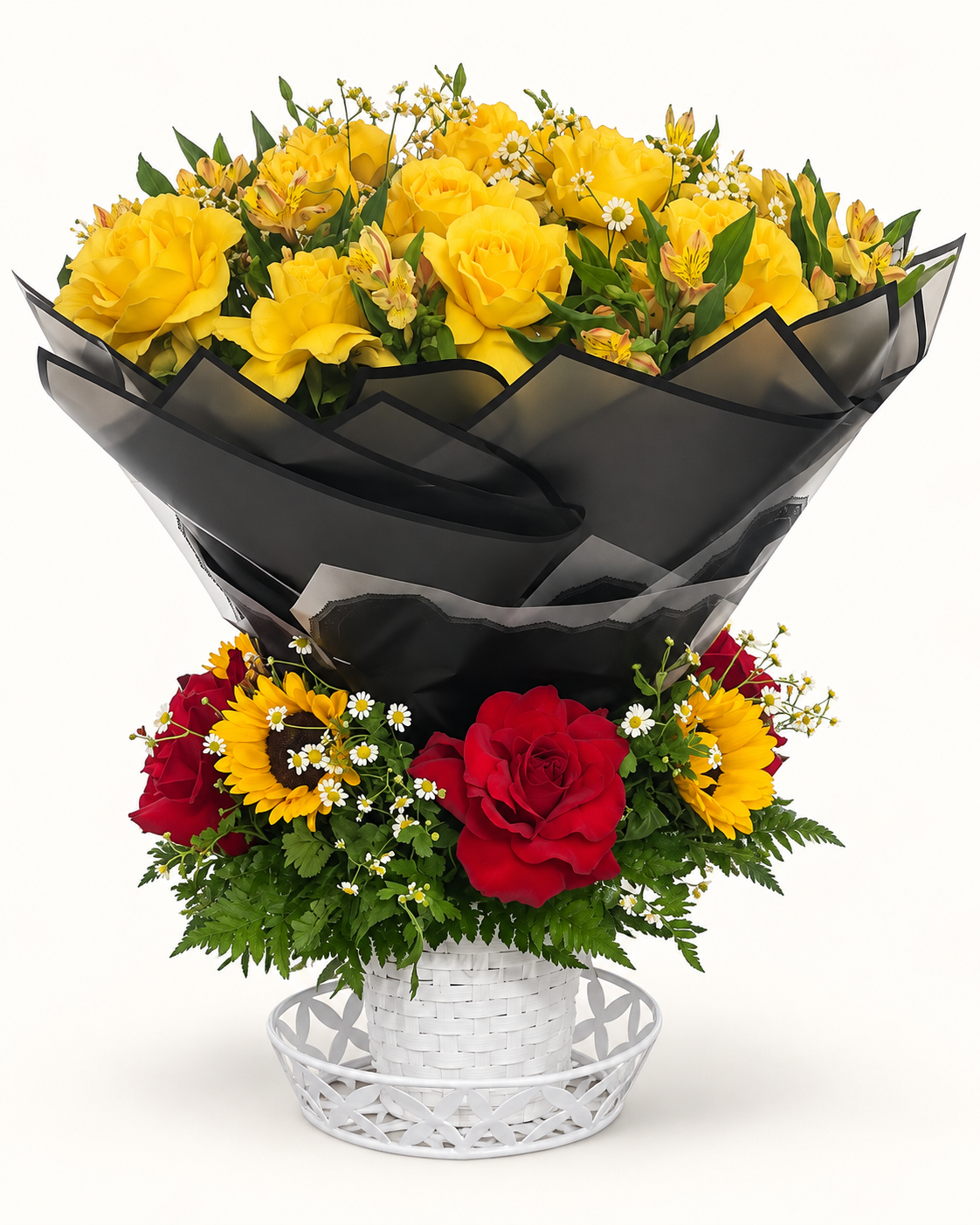 Arreglo floral 3: rosas y girasoles amarillos con acento de rosa roja