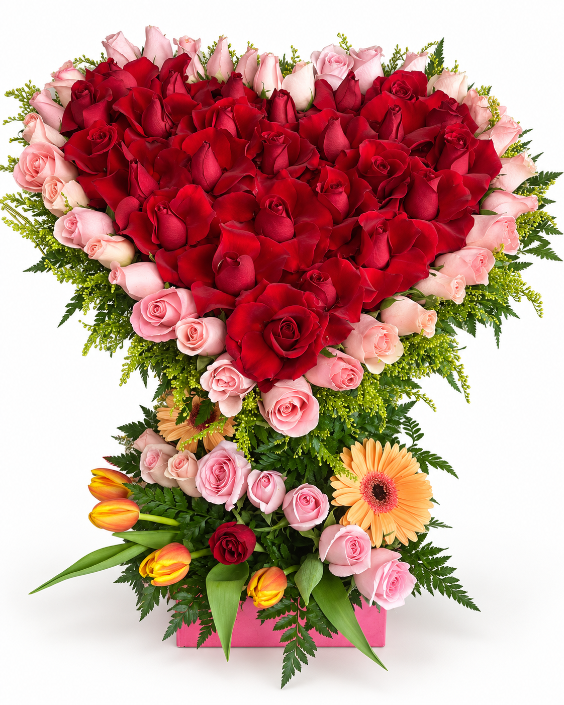 Arreglo floral 6: rosas en forma de corazón con tulipanes y gerberas
