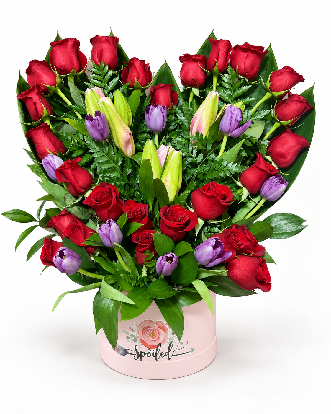 Arreglo floral 7: rosas rojas y tulipanes morados en forma de corazón
