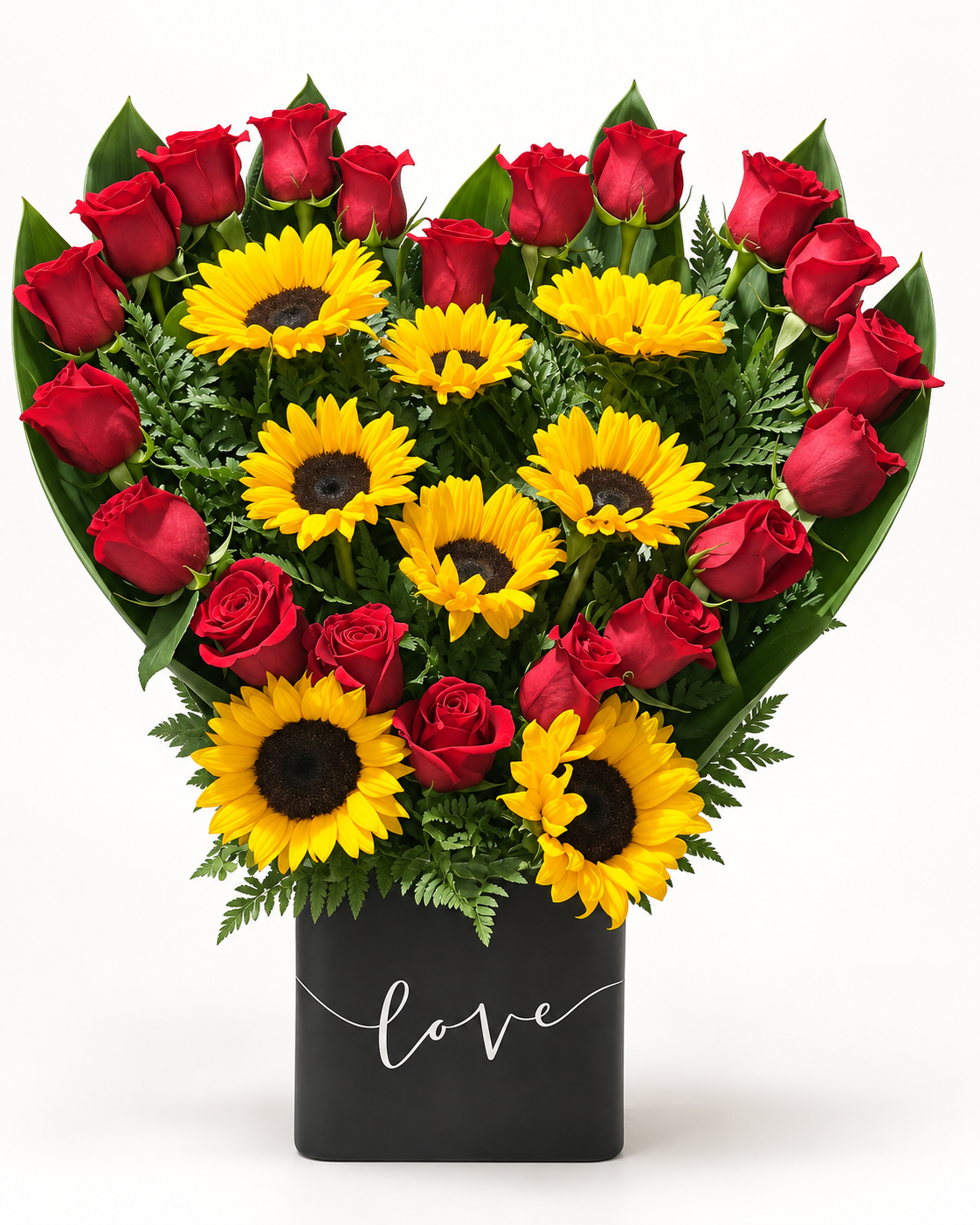Arreglo floral 8: rosas rojas y girasoles en forma de corazón, base negra