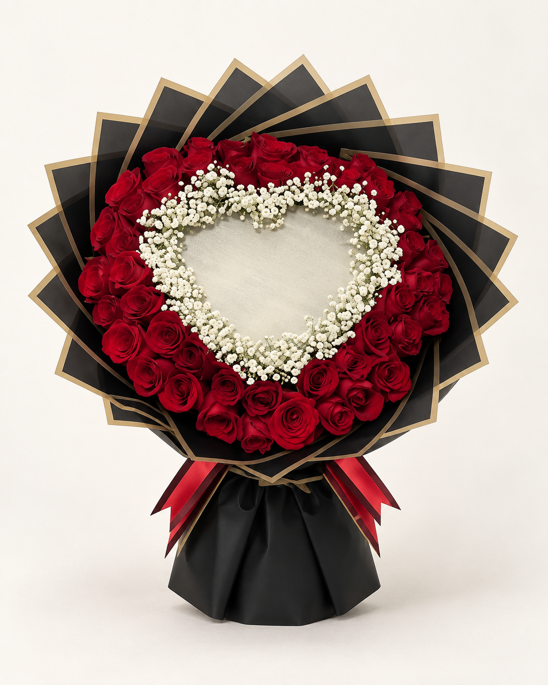 Arreglo floral 9: rosas rojas y flor de bebé en forma de corazón, envoltura negra y dorada