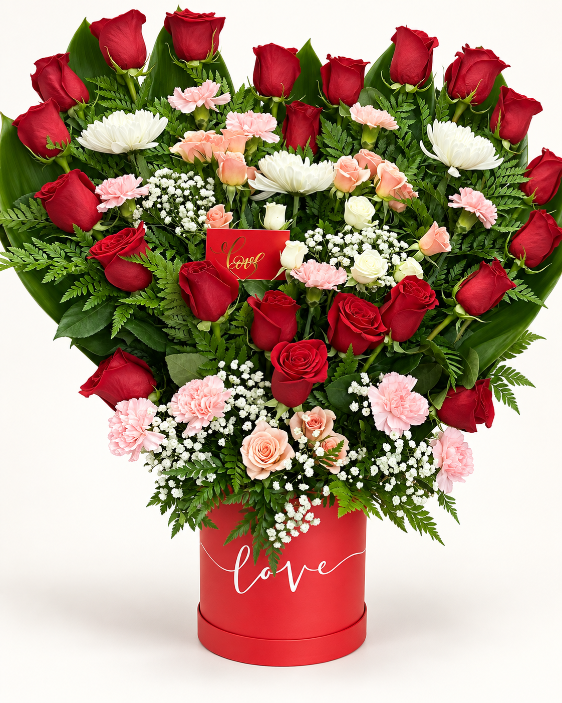 Arreglo floral 11: rosas rojas y blancas en forma de corazón, caja roja