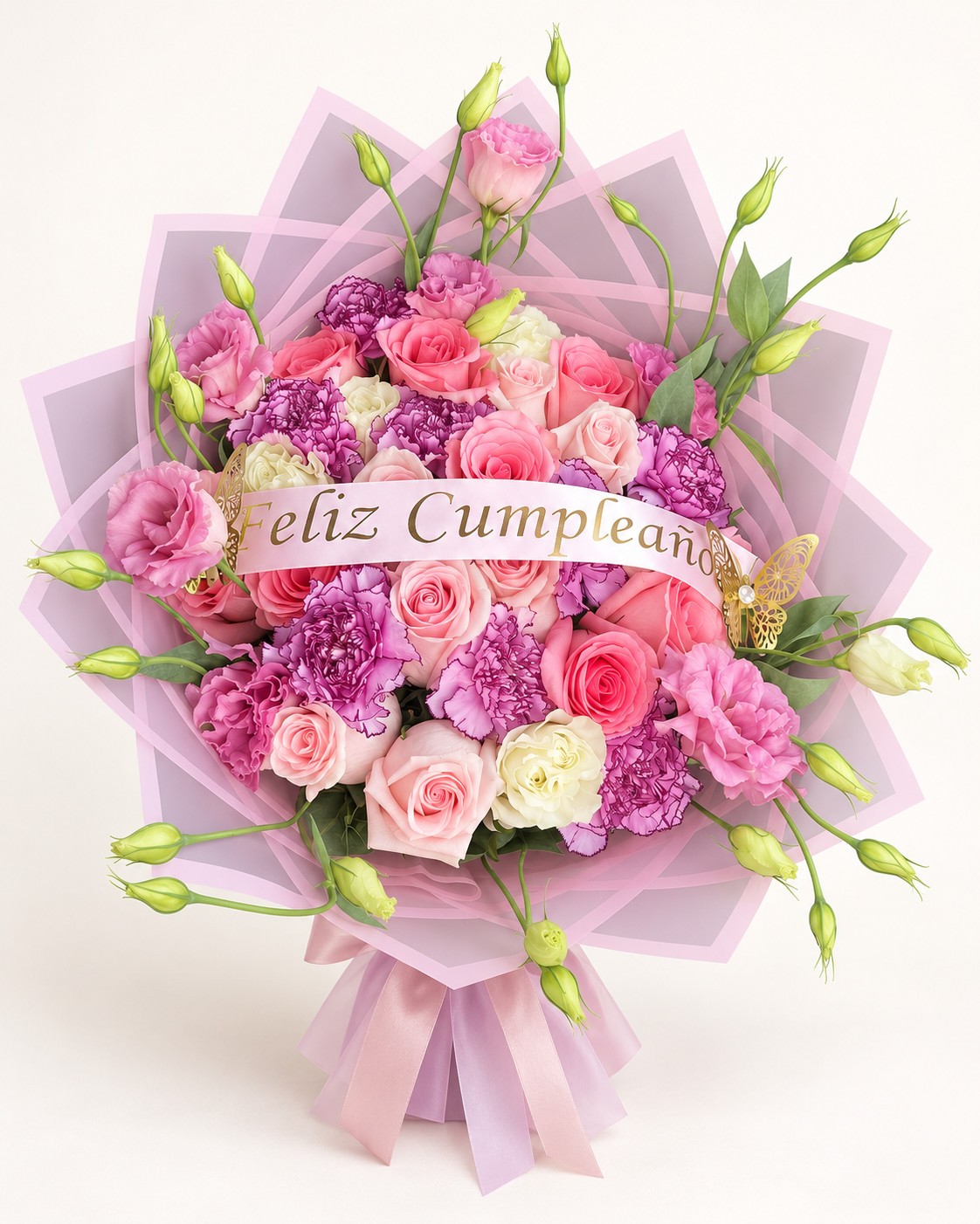 Arreglo floral 12: rosas y claveles rosados y morados con listón de Feliz Cumpleaños