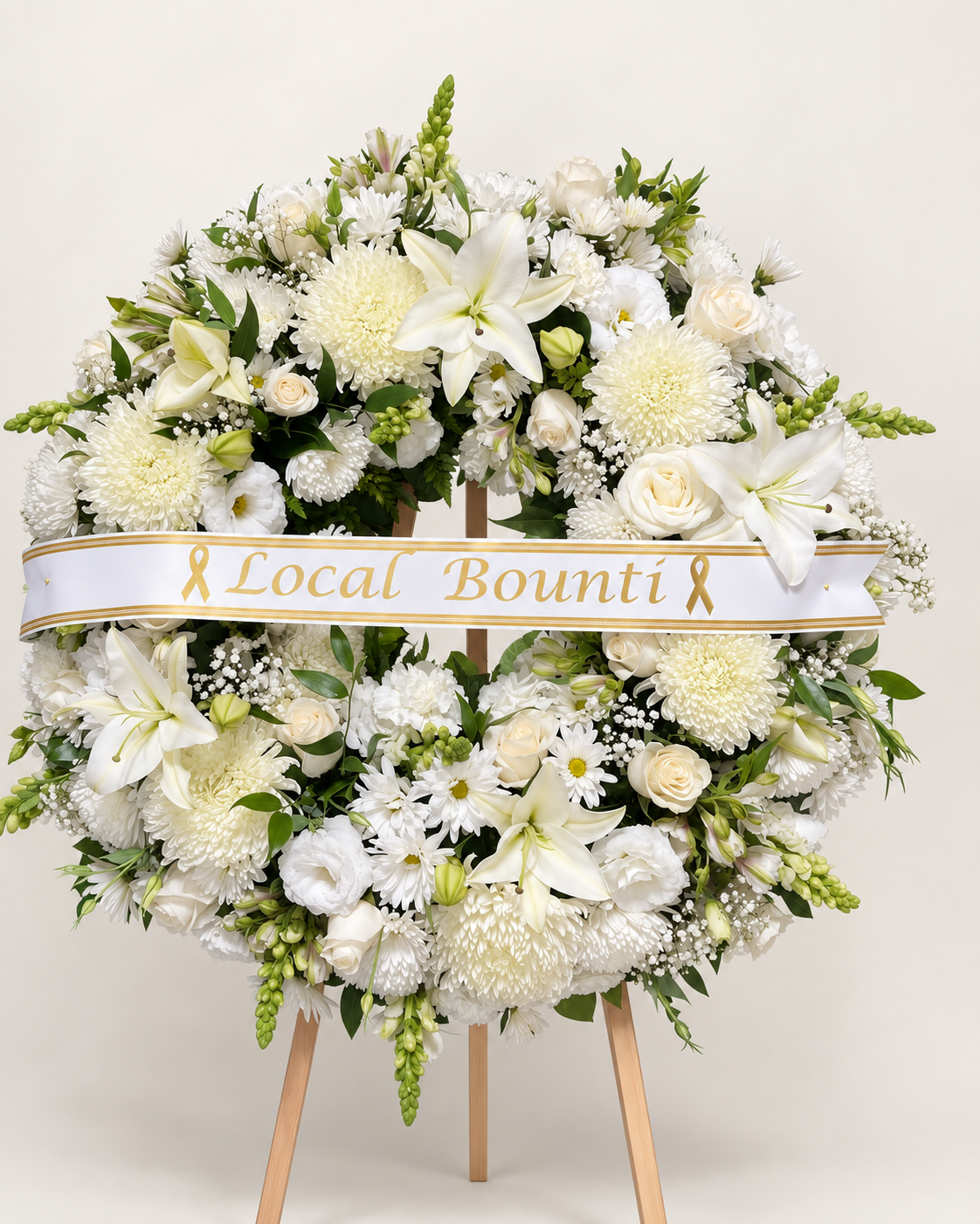 Arreglo floral 20: corona fúnebre blanca sobre atril, con cinta conmemorativa