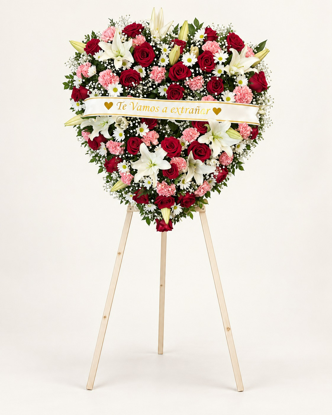 Corona floral fúnebre en forma de corazón con rosas rojas, claveles rosados y listón «Te Vamos a Extrañar»