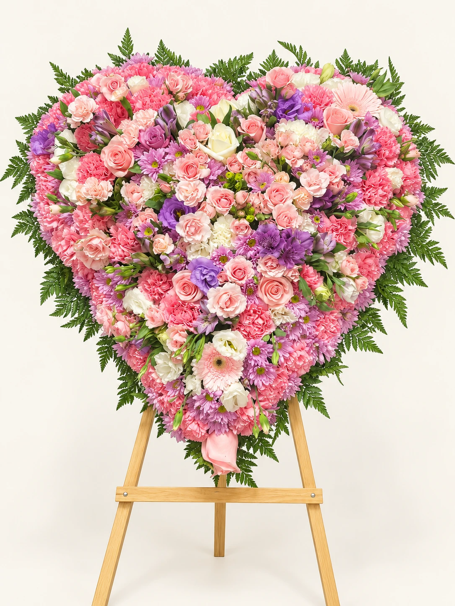 Corazón floral en tonos pastel: corazón lleno de rosas, claveles, crisantemos y flores lilas y blancas con follaje de helecho sobre atril