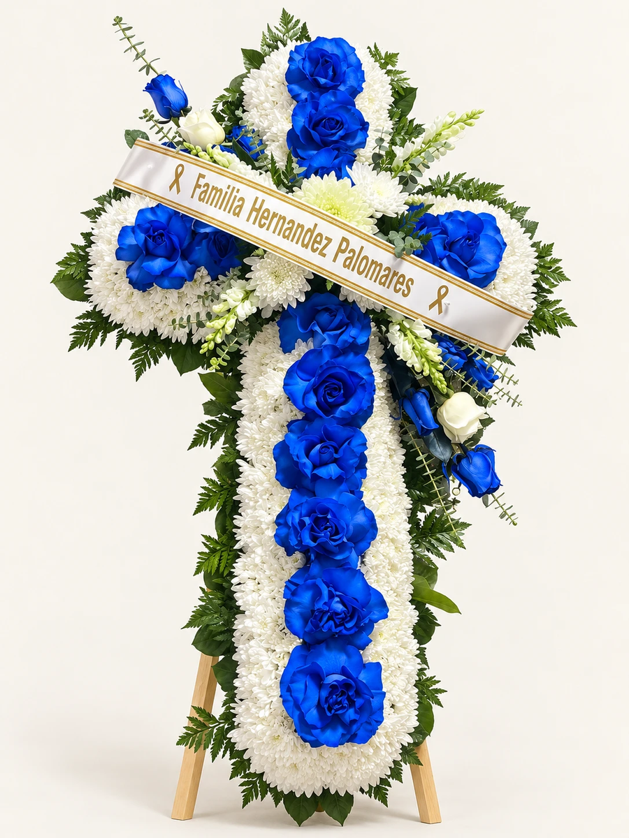 Cruz floral azul con cinta: cruz de crisantemos blancos con rosas azules, follaje verde y cinta de dedicatoria blanca y dorada sobre atril