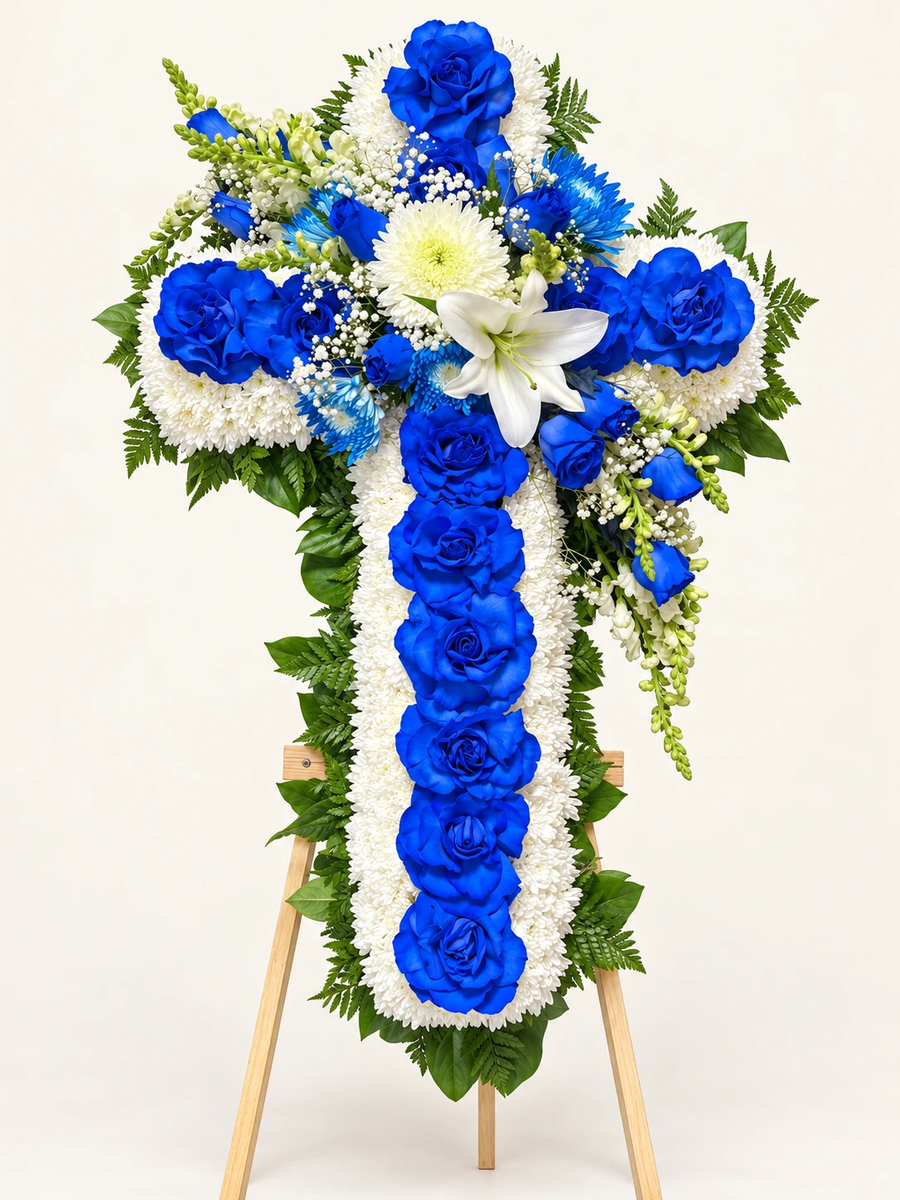 Cruz floral azul con lirio blanco: cruz de crisantemos blancos con rosas azules, lirio blanco, flores azules y gypsophila sobre atril