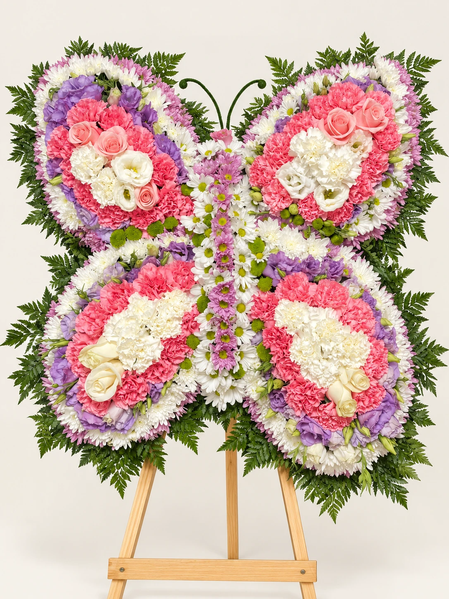 Mariposa floral en tonos pastel: mariposa de claveles, rosas, crisantemos y margaritas en rosa, lila y blanco con antenas verdes sobre atril