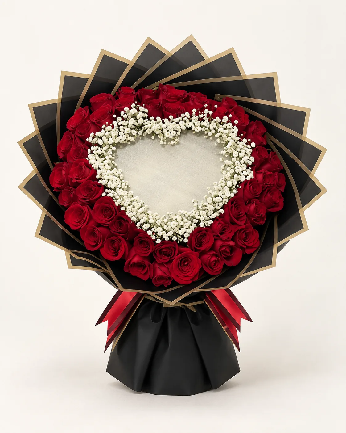 Arreglo en forma de corazón de rosas rojas con relleno blanco