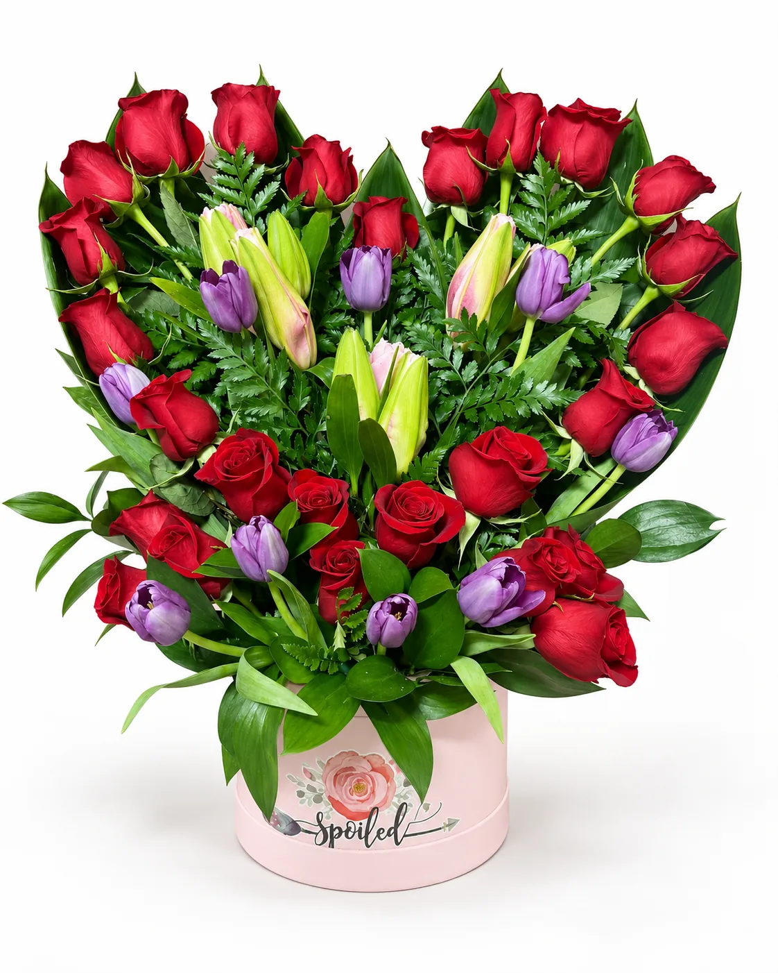 Arreglo en forma de corazón con rosas rojas y tulipanes en caja «Spoiled»
