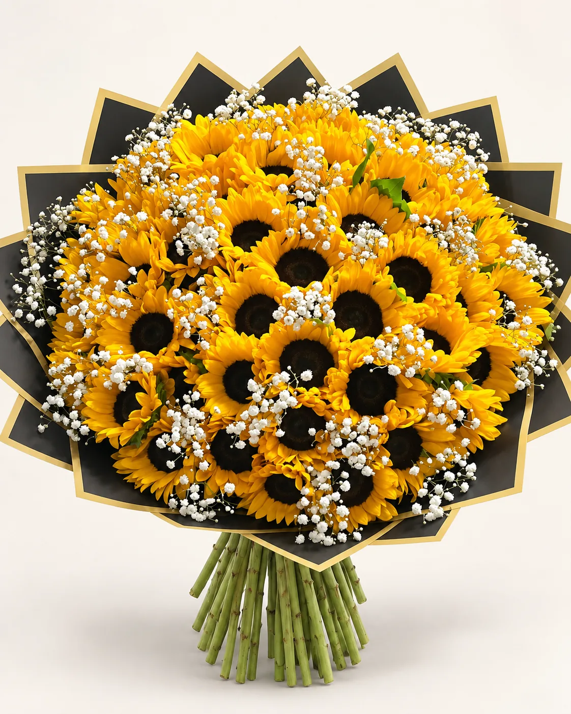 Ramo grande de girasoles con flor de relleno blanca