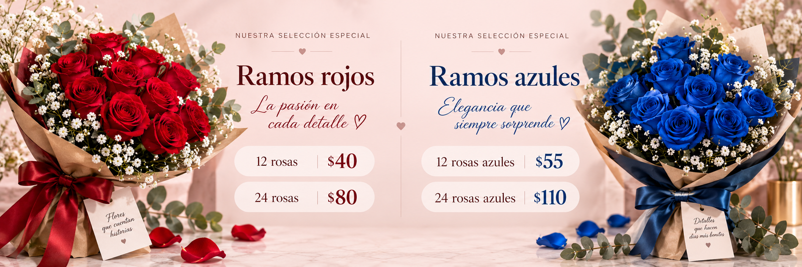Ramos rojos: la pasión en cada detalle. 12 rosas $40, 24 rosas $80. Ramos azules: elegancia que siempre sorprende. 12 rosas azules $55, 24 rosas azules $110